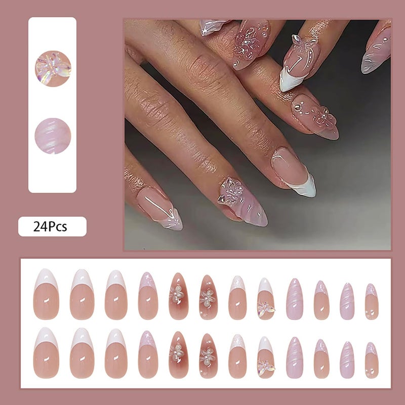 ASABITE 24 Pcs Pink Almond Press on Nails Medium Fake Nails with Glue Reusable False Nails with 3D Flower Butterfly Design Stiletto Nails Acrylic Nail Press ons Spring Nails for Women Nail Art Decorations - Image 2